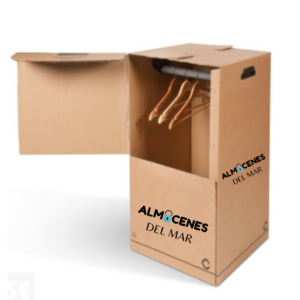 Caja de cartón resistente para almacenar y transportar ropa.